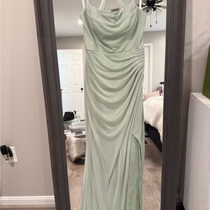 Azazie Green Ruched Asymmetrical Gown